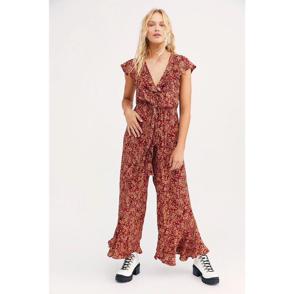Free People x Kivari Quinn Tie Front Flared Ruffle Retro Jumpsuit Size Medium